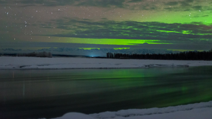 Alaska - Denali and the Aurora over the Susitna River - 30 Below Zero